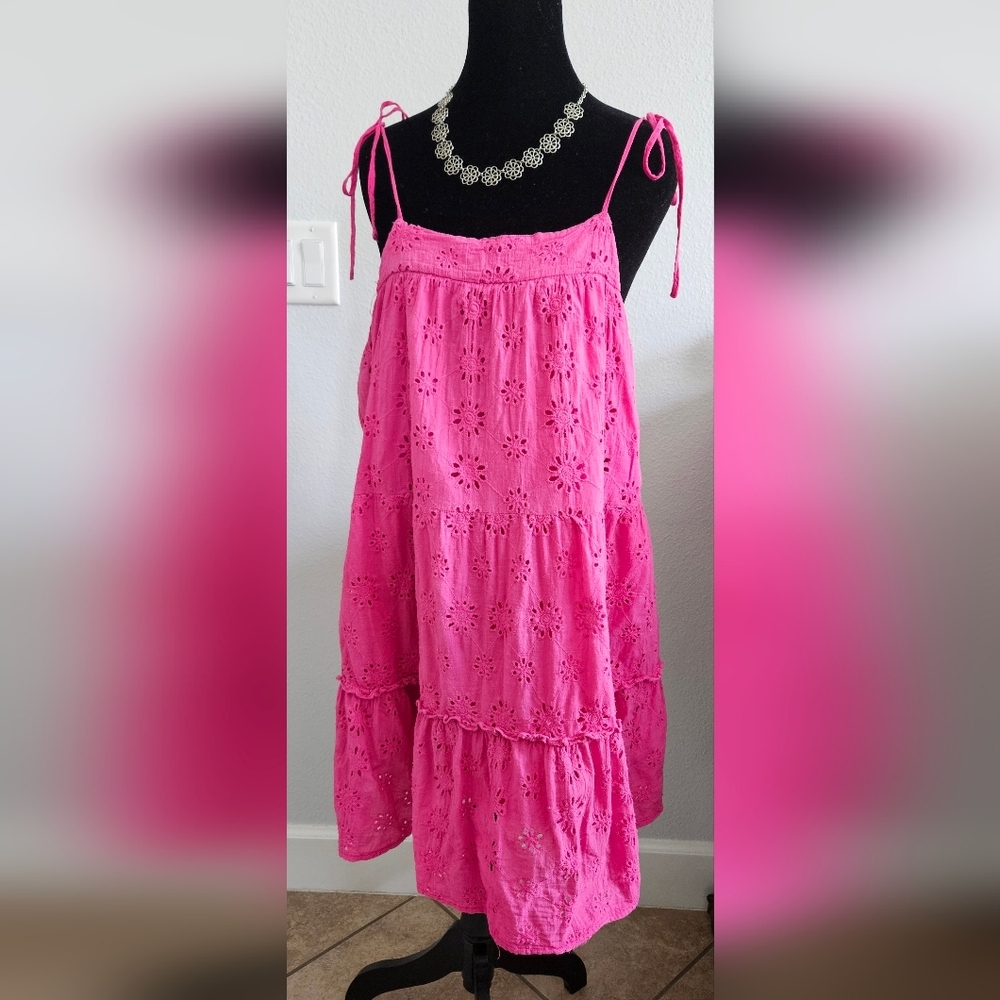 Altar'd State Pink Eyelet Tie Strap Mini Dress Women’s Large Boho - Picture 1 of 6